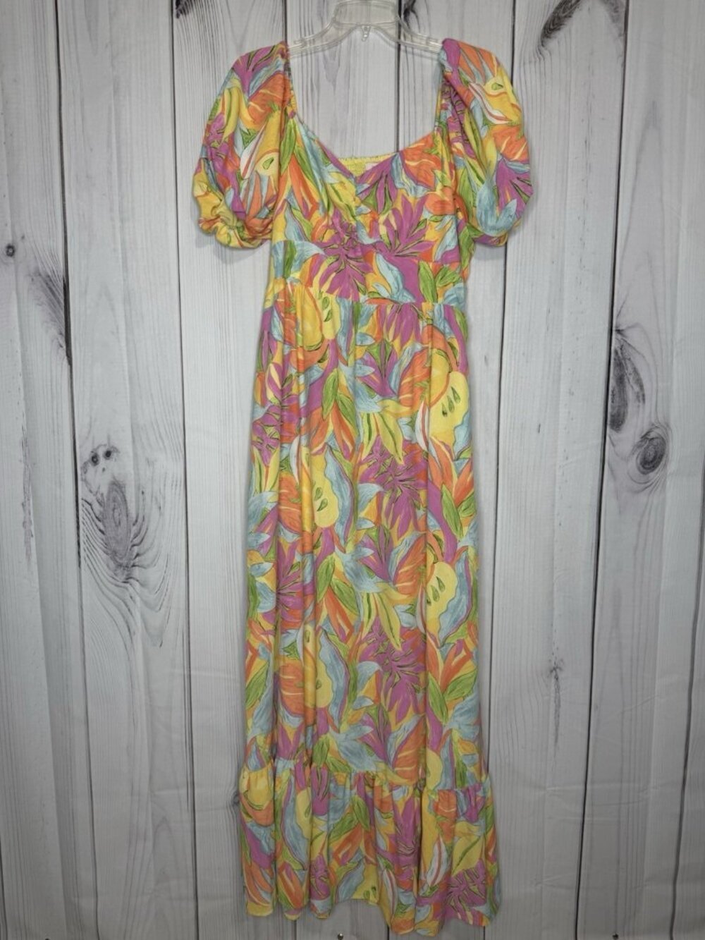 Skies Are Blue Floral Maxi Dress Size L Ruffle Puff Sleeve Smocked Back Lined